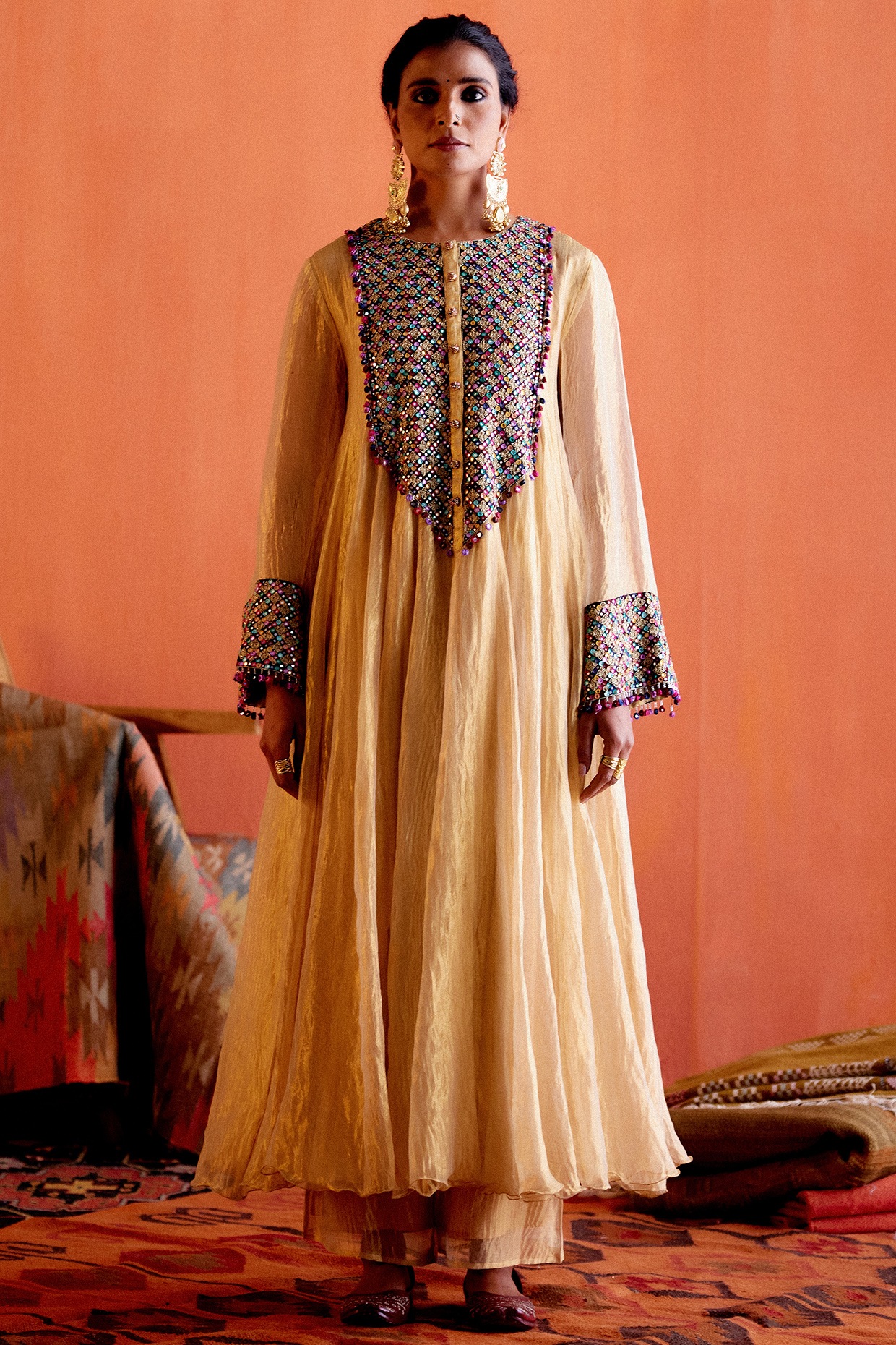 Buy Libas Art Gold Yoke Design Silk Anarkali Kurta With Trousers & Dupatta  Online at Rs.7999 | Libas